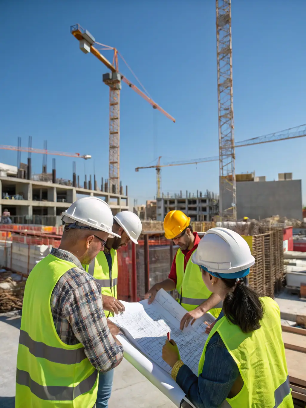 A construction site with workers wearing safety gear, emphasizing ISO 45001 Occupational Health and Safety consultancy.