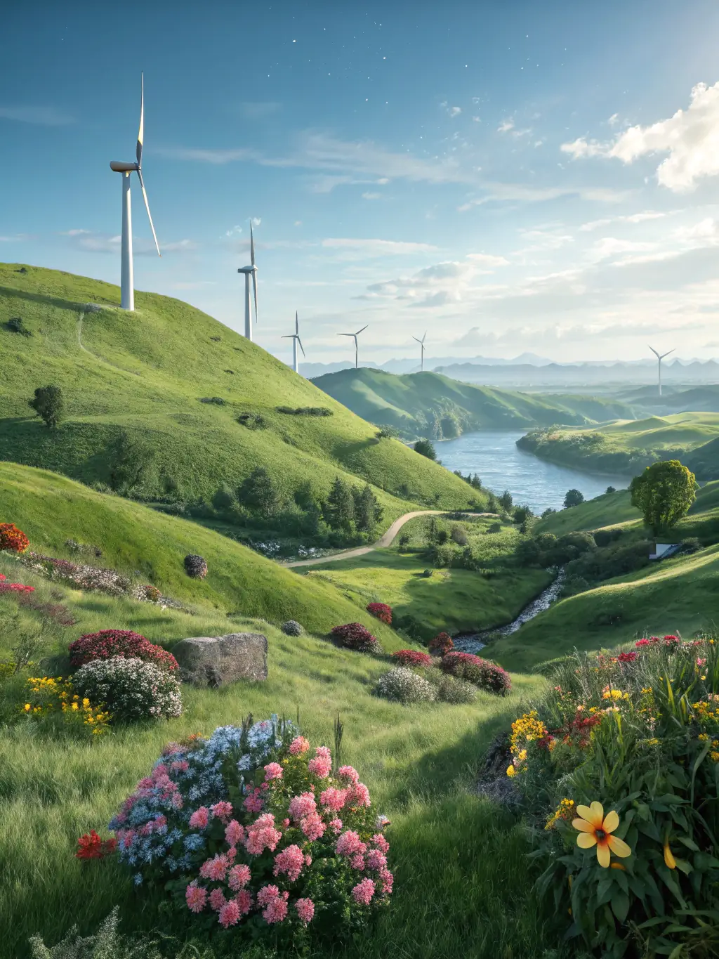 A lush green environment with wind turbines in the background, representing ISO 14001 Environmental Management System consultancy.